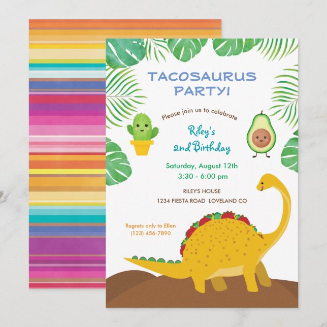 Tacosaurus Geburtstagsparty - Dinosaurier und Taco Einladung (Vorne/Hinten)