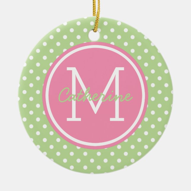 Tadelloses grünes rosa und weißes Tupfen-Monogramm Keramikornament (Vorne)