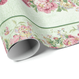 Tadelloses grünes Rosen-Mit Blumenrosa-perliger Geschenkpapier