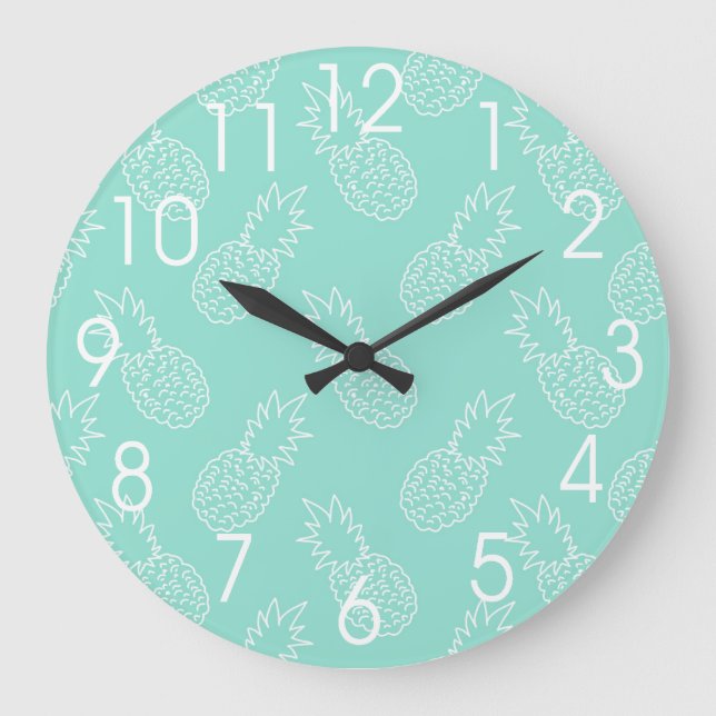 Tadelloses grünes und weißes Ananas-Muster Große Wanduhr (Vorderseite)