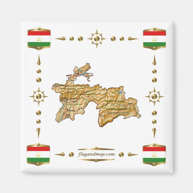 Tadschikistan Karte + Flaggen Magnet (Vorne)