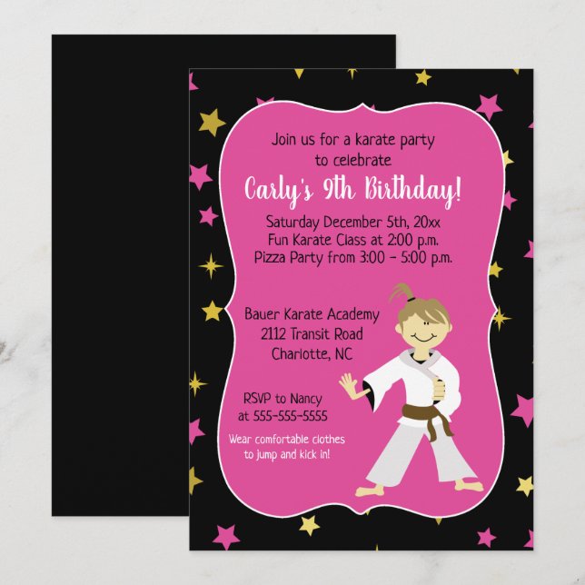 Tae Kwon Do Birthday Einladungen Brown Belt Girl (Vorne/Hinten)