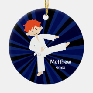 Taekwondo-Karate-weißer Gurt-roter Junge Keramik Ornament