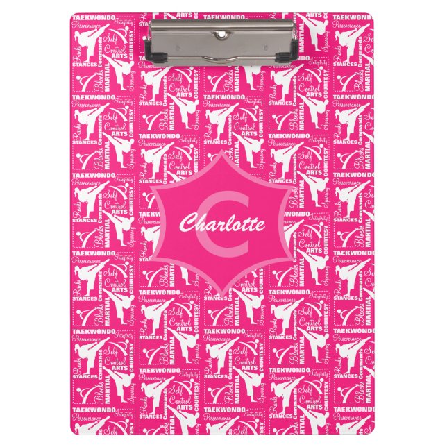 Taekwondo Niedlich Pink White Girl Mit Monogramm Klemmbrett (Vorderseite)