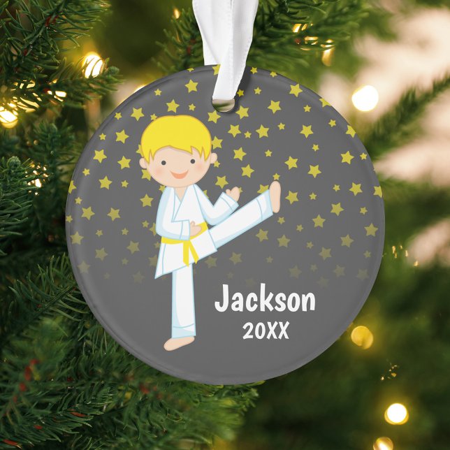 Taekwondo Yellow Belt Blonde Boy Personalized Ornament (Von Creator hochgeladen)