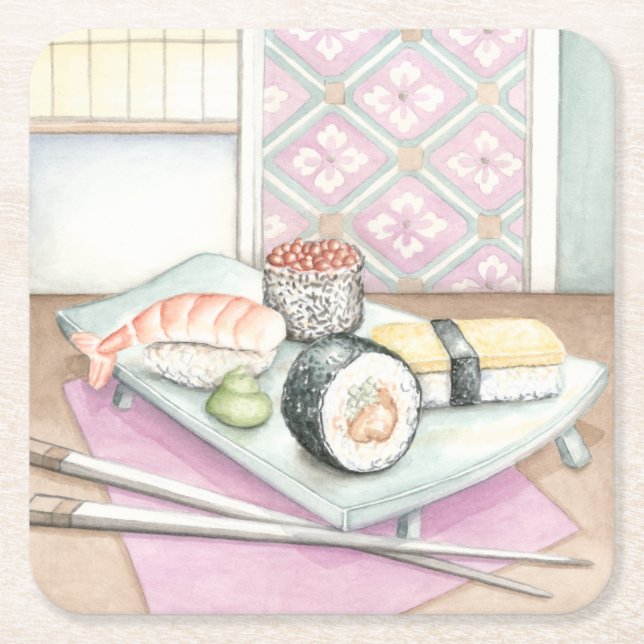 Tafel aus Sushi mit Chopsticks Rechteckiger Pappuntersetzer (Vorderseite)