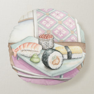 Tafel aus Sushi mit Chopsticks Rundes Kissen