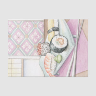 Tafel aus Sushi mit Chopsticks Seidenpapier