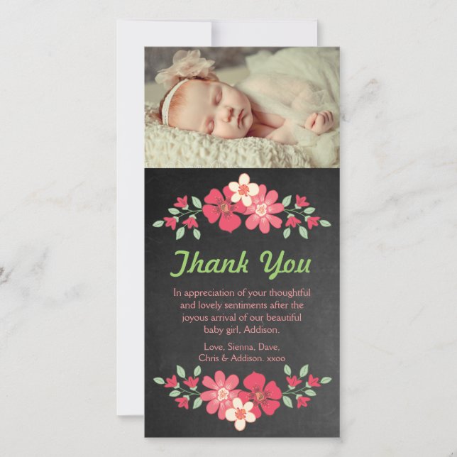 Tafel-Baby-Mädchen danken Ihnen Blumen-Foto-Karte Dankeskarte (Vorderseite)