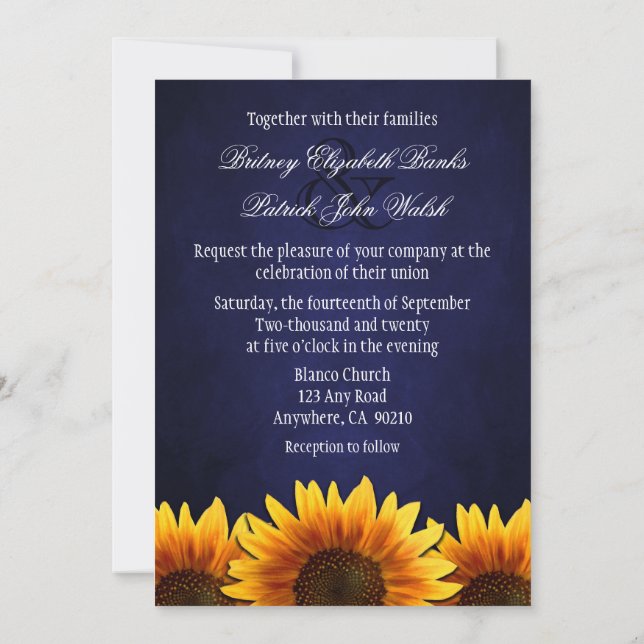 Tafel-blaue Sonnenblume-Hochzeits-Einladungen Einladung (Rückseite)