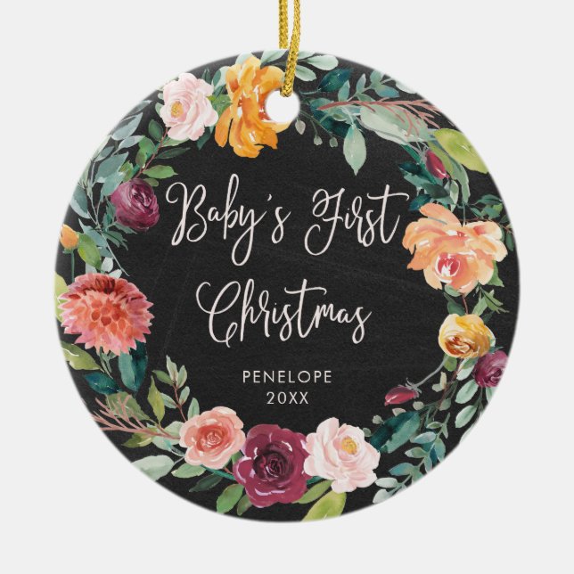 Tafel-BlumenFoto des Babys erste des Weihnachten| Keramik Ornament (Vorne)