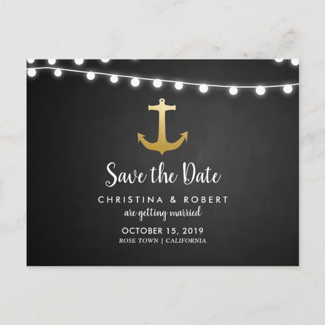 Tafel-Imitat-Goldfolien-Anker Save the Date Ankündigungspostkarte (Vorderseite)