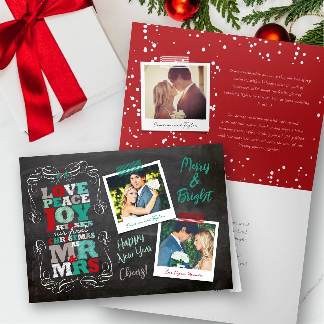 Tafel-Mistelzweig-Vintage 1. Weihnachtskarte Feiertagskarte (Love Peace Joy Kisses Vintage Chalkboard Mistletoe First Christmas Photo Holiday Card by fat*fa*tin)