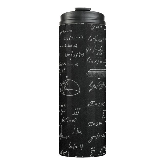 Tafel mit wissenschaftlichen Formeln und  Thermosbecher (Vorderseite)