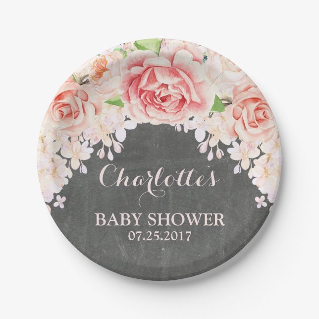 Tafel-rosa BlumenBabyparty-Platte Pappteller (Vorderseite)