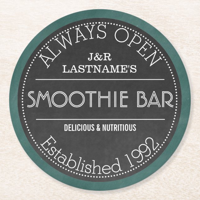Tafel-Zeichen-personalisiertes Paaresmoothie-Bar Runder Pappuntersetzer (Vorderseite)