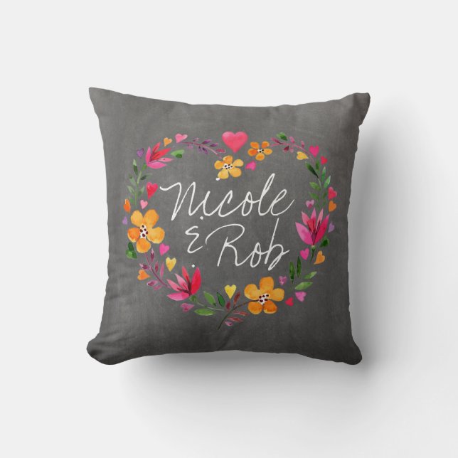Tafelgrau Watercolor-Blumen-HerzWreath | Kissen (Vorderseite)