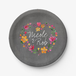 Tafelgrau Watercolor-Blumen-HerzWreath   Pappteller