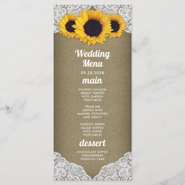 Tafeln mit Sonnenblumen und Hochzeitskarten Menükarte (Vorderseite)