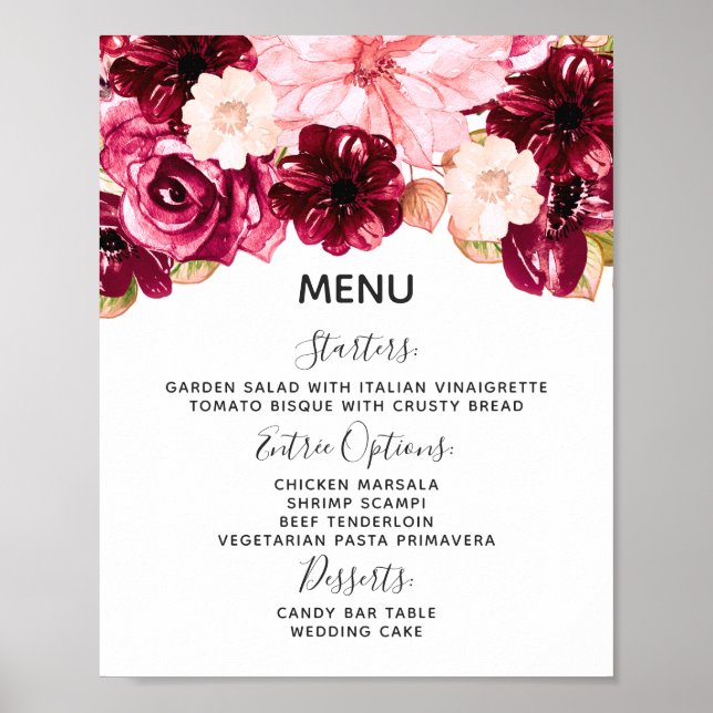 Tafelsignierung des Blumenmenüs "Burgund & Rosa" Poster (Vorne)