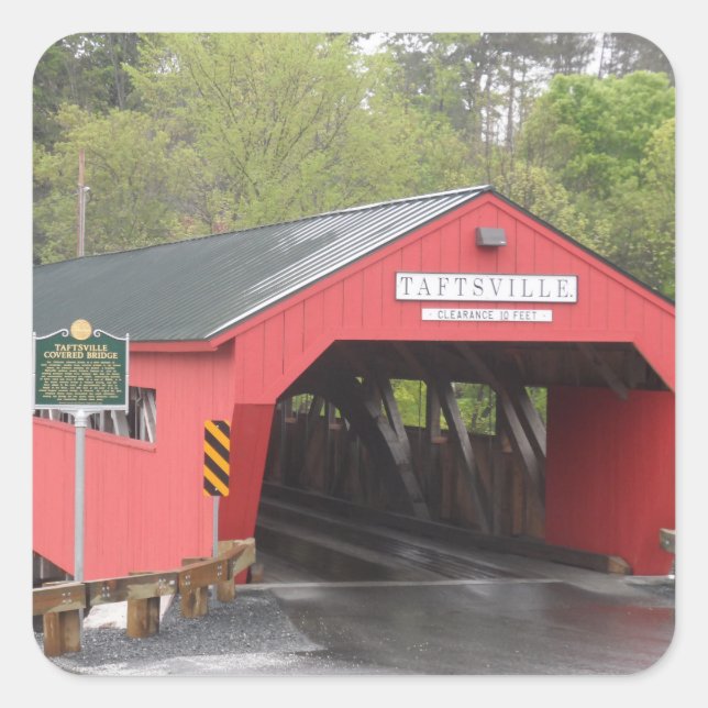 Taftsville Covered Bridge, Vermont Quadratischer Aufkleber (Vorderseite)