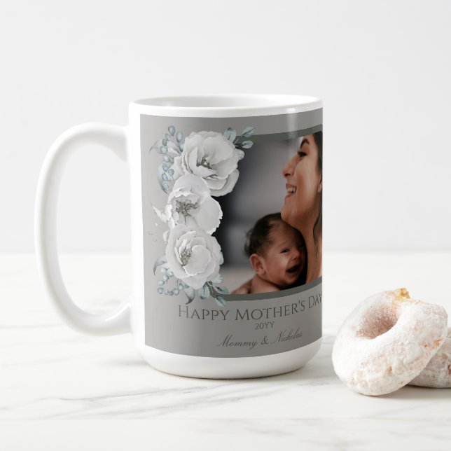 Tag der Mutter mit blühendem Foto | Grau Kaffeetasse (Mit Donut)