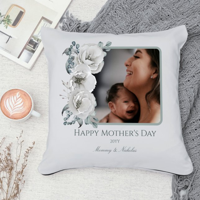 Tag der Mutter mit blühendem Foto Kissen (Watercolor Floral Photo Mother' s Day Throw Pillow)