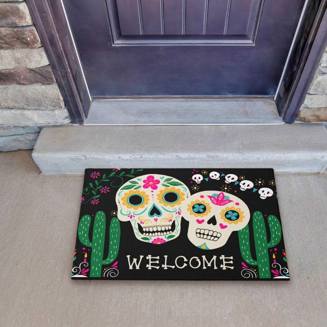 Tag der toten Kunst Zuckerschluchten Willkommen Fußmatte (Small doormat with sugar skulls and cactus from my Dia de los Muertos collection)