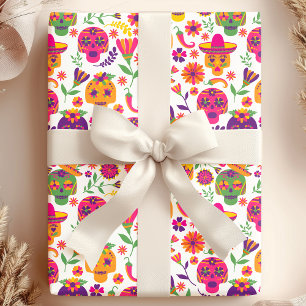 Tag der Toten Weiße Bunte Zuckerschädel Muster Geschenkpapier