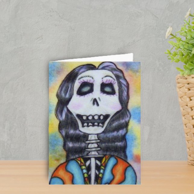 Tag des toten Notecard Karte (Day of Dead happy Lady Skeleton in orange and blue on colourful Halloween notecard.)
