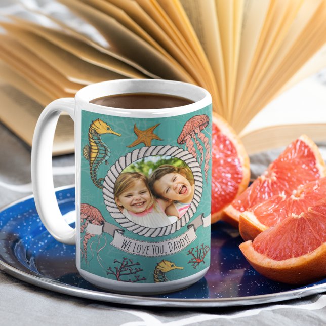 Tag des Vaters an der Nautischen Aquamarinen Ozean Kaffeetasse (Teal Ocean Animal Father's Day Mug Hand Drawn Seahorse Jellyfish Starfish Coral Nautical Rope & Star)
