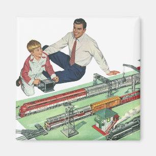 Tag des Vintagen Vaters, Vater und Sohn mit Zügen Magnet