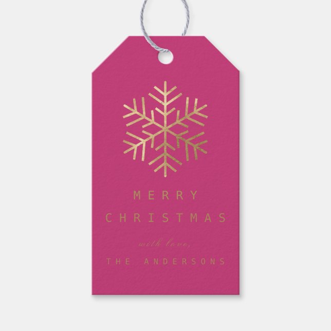 Tag Fuchsia Rosa Goldene Schneeflocken Geschenkanhänger (Vorderseite)