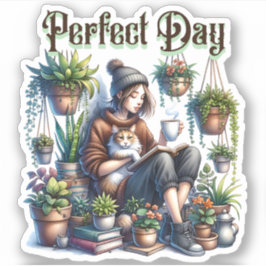 Tag | Girl Reading mit Katze und Pflanze Aufkleber