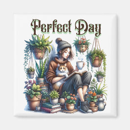 Tag | Girl Reading mit Katze und Pflanze Magnet