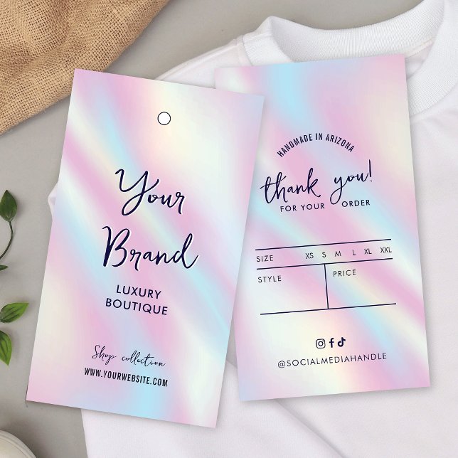 Tag Holographique moderne prix Étiquette hang (Feminine clothing tag label with holographic effect background and modern script fonts & size chart)