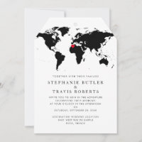 Tag World Map Destination Wedding Invitation B&W
