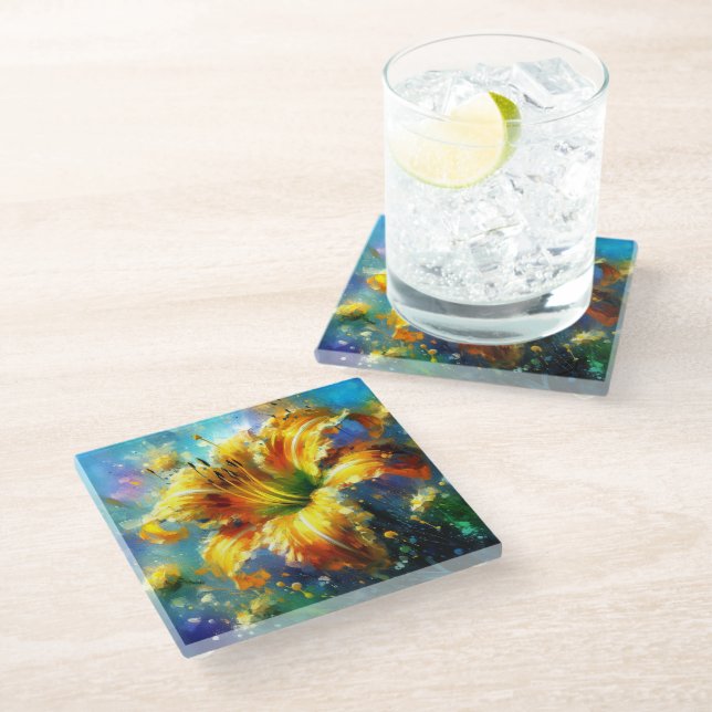 Taglilie Blumenimpressionistisches Gemälde Gelb Glasuntersetzer (Schrägansicht)