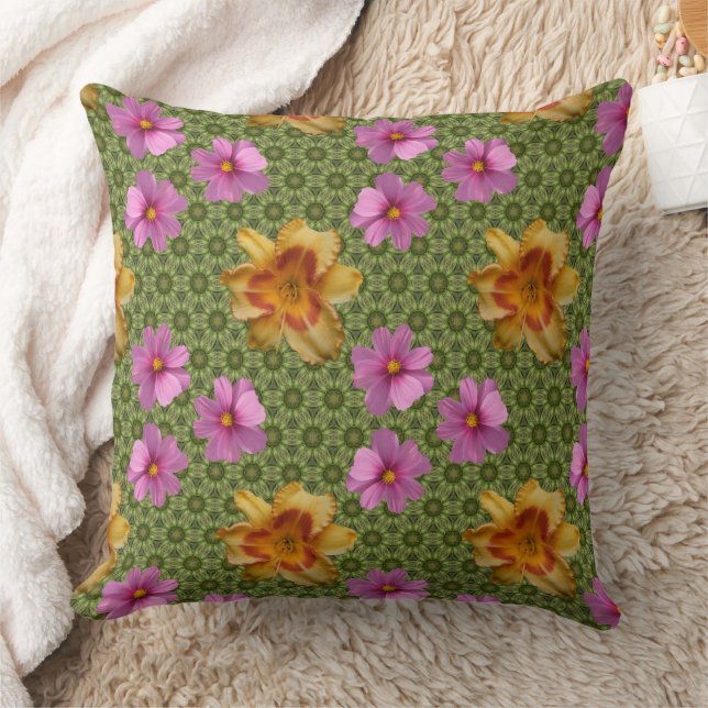Taglilien und Kosmos Blume / Olivgrün Muster Kissen (Decke)