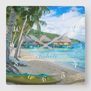 TAHITI CLOCK.  BEAUTIFUL TAHITI PARADISE BEACH QUADRATISCHE WANDUHR