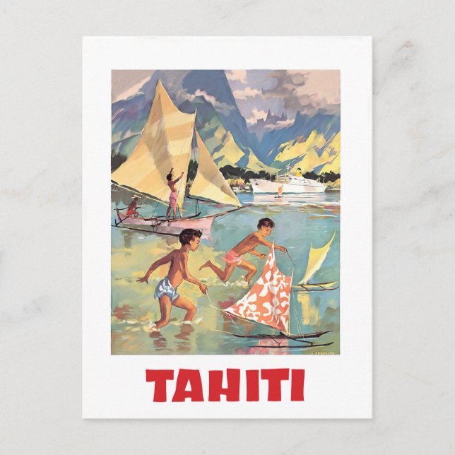 Tahiti, Kinder spielen mit Bootsspielzeug im Wasse Postkarte (Vorderseite)