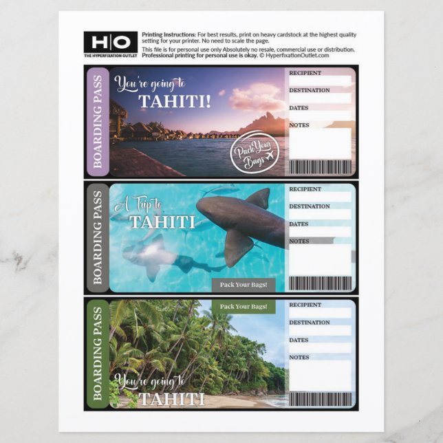 Tahiti Mock Ticket für Reisen und Veranstaltungen (Vorderseite)