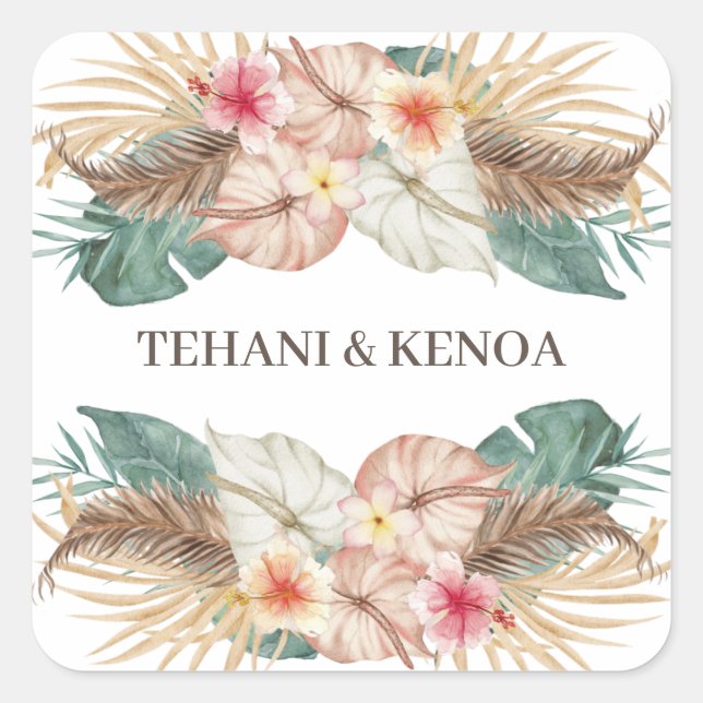 Tahiti | Palms Hochzeit des tropischen Hibiskus Quadratischer Aufkleber (Vorderseite)