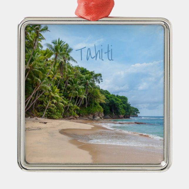 Tahiti Sand Beach Blue Sky Palm Trees Ornament Aus Metall (Vorne)