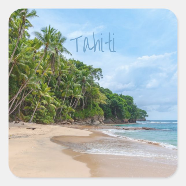Tahiti Sand Beach Blue Sky Palm Trees Quadratischer Aufkleber (Vorderseite)