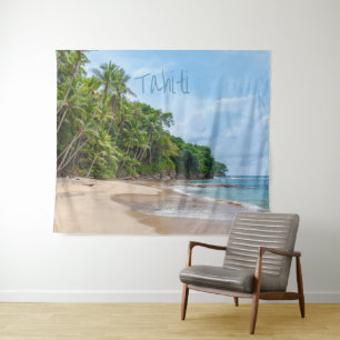 Tahiti Sand Beach Blue Sky Palm Trees Wandteppich