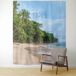 Tahiti Sand Beach Blue Sky Palm Trees Wandteppich