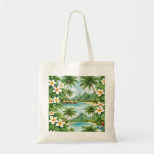Tahiti-Tropische Lagune, Plumeria- und Palmenbaum Tragetasche