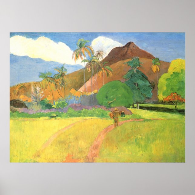 Tahitianische Landschaft, Berge Tahiti, Paul Gaugu Poster (Vorne)