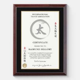 Tai Chi Instructor Certificate Award Plaque